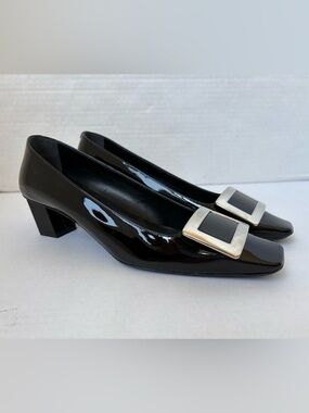 Roger Vivier Black Patent Leather Belle Pumps Buckle Heels Shoes 39.5 Classic